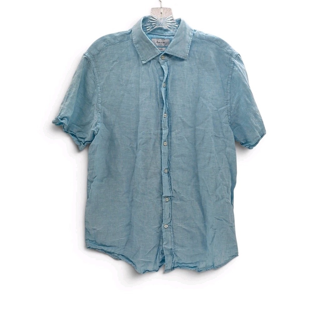 Porter And Ash 100% Linen Button Shirt Mens Size M Short Sleeve Blue Casual
